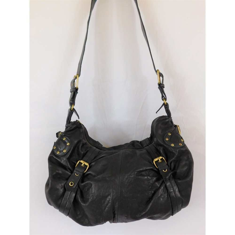 CYNTHIA ROWLEY SOFT BLACK LEATHER STUDDED HOBO CROSSBODY BAG